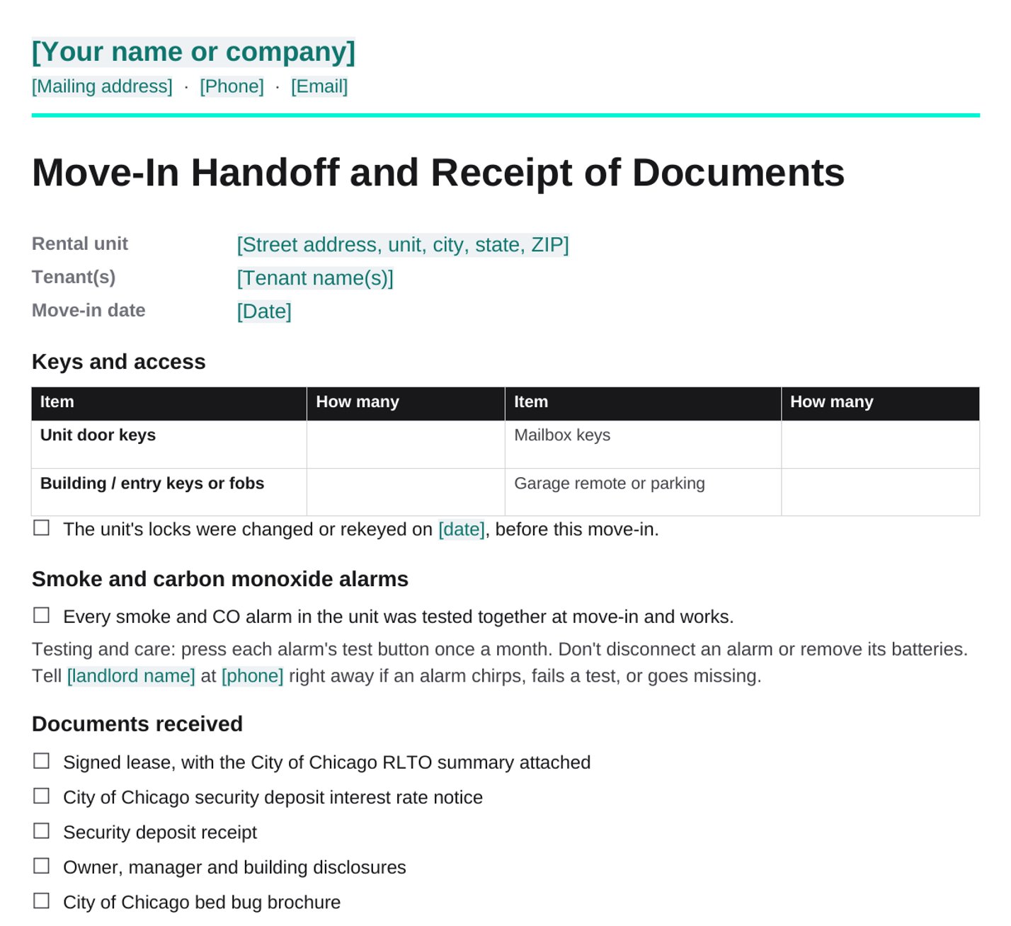 The Move-In Handoff page: landlord letterhead, rental unit and tenant details, a keys and access table, a smoke and CO alarm check, and a list of documents the tenant confirms receiving.