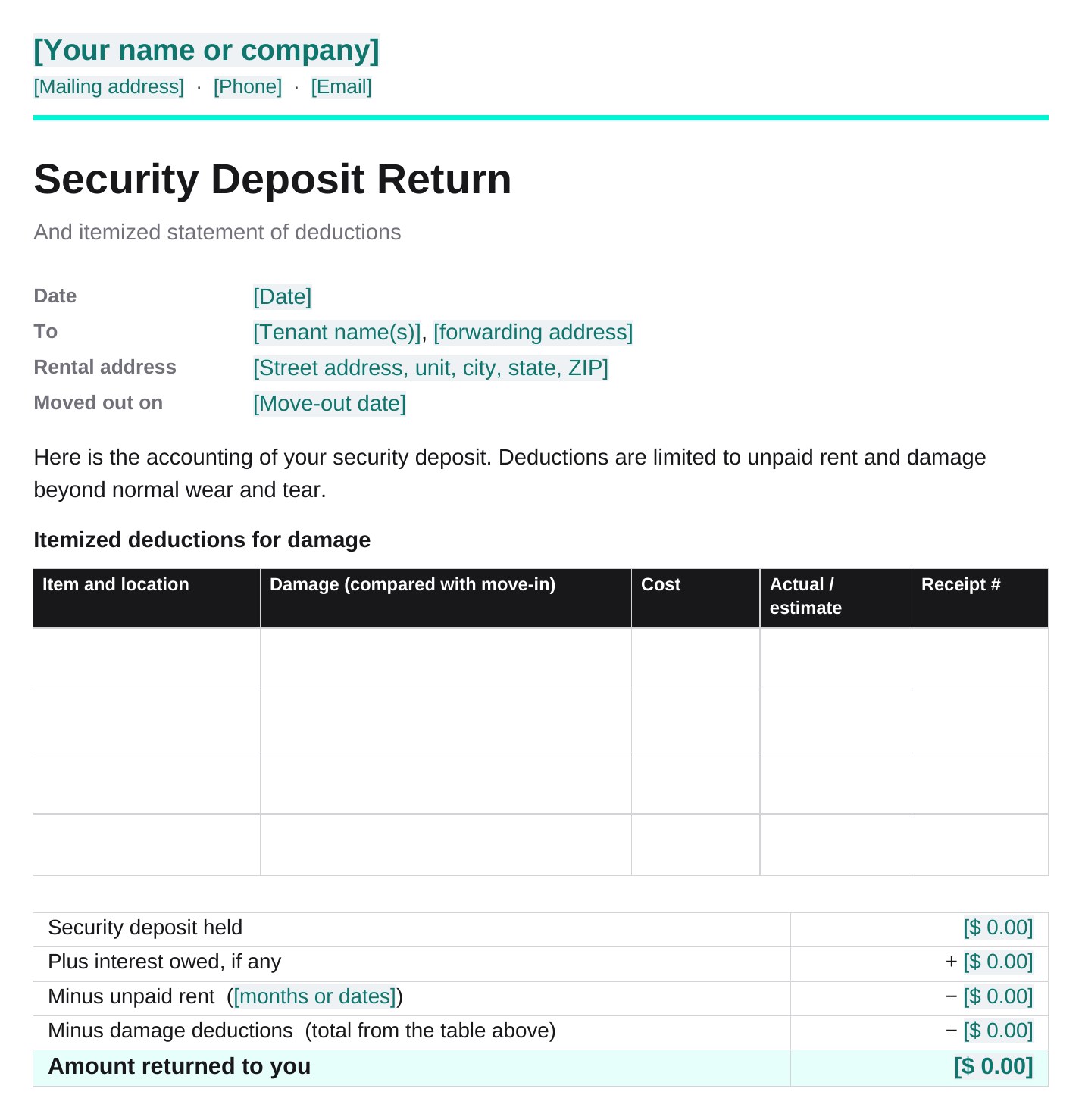 The Security Deposit Return letter: landlord letterhead, tenant and move-out details, an itemized deductions table with cost and receipt columns, and the math from deposit held to amount returned.